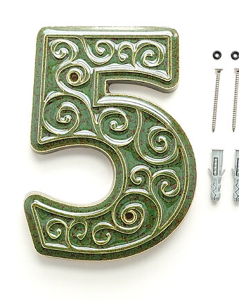 Numer domu, cyfra 5 zielono-brązowa, do przykręcenia, pracowniazona