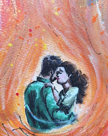 Akwarela Kochankowie Ogień Miłość Pasja Wir Emocji Intymność A3 30x42, kkjustpaint Karolina Kamińska