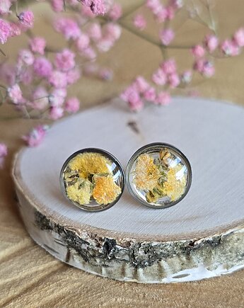 Kolczyki z kwiatami srebrne kwiaty żółta gipsówka