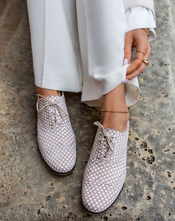 SZNUROWANE PÓŁBUTY JAZZÓWKI W SZACHOWNICĘ - SKÓRA NATURALNA-MODEL 246, Zapato