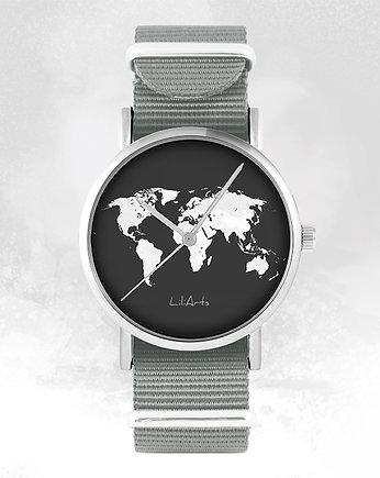 Zegarek - Mapa świata - szary, nato, OKAZJE - Prezent na Wieczór kawalerski