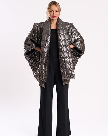 Metaliczne pikowane poncho, gunmetal/antracyt, rękaw nietoperz, Torri Design