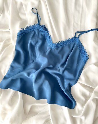 Jedwabny top z koronką i regulowanymi ramiączkami Blue, Volie Line