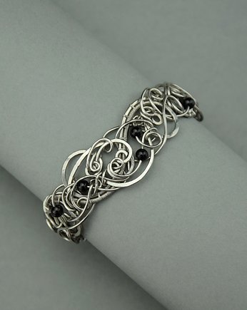 Bransoleta szeroka czarny onyks wire wrapping stal chirurgiczna, Agata Rozanska