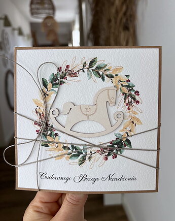 Kartka świąteczna ręcznie robiona na Boże Narodzenie konik, sorte