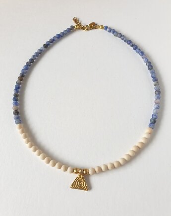 Naszyjnik ANTYK  jaspis niebieski, kamień rzeczny, piramida mosiądz, modesign