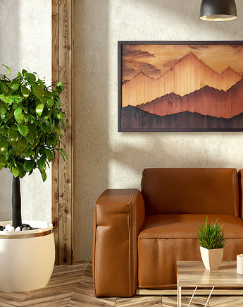 Obraz z drewna 3D. Pejzaż górski. Mozaika drewniana dekoracja na ścianę, pracownia ReThing