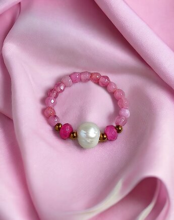 Pierścionek : PINK vol.2 : perła, agat, jadeit, kaktusia