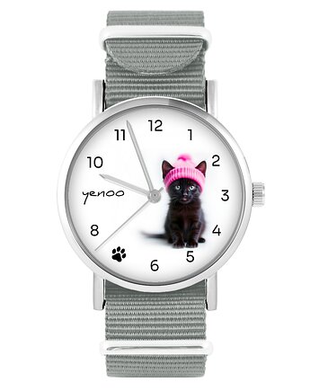 Zegarek - Czarny kotek - szary, nylonowy, yenoo
