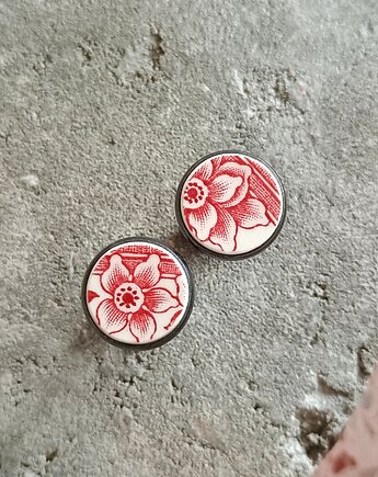 Spinki w czerwone kwiaty, biżuteria z talerzy