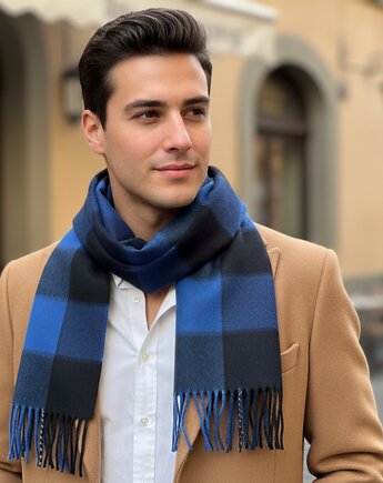 Szalik Męski Granatowy Niebieski Kratka Wełna