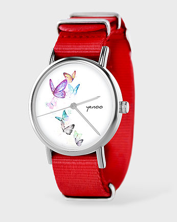 Zegarek - Motyle - czerwony, nylonowy, yenoo