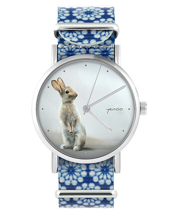 Zegarek - Zając - niebieski, kwiaty, yenoo