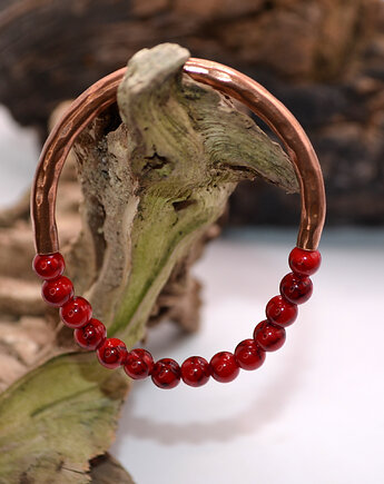 Bransoletka miedziana handmade z koralikami: jaspis czerwony, FutharkCopper
