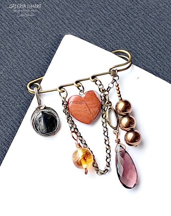 Broszka niezwykła na agrafce w stylu Boho handmade z sercem z jaspisu unikat, Galeria Limart