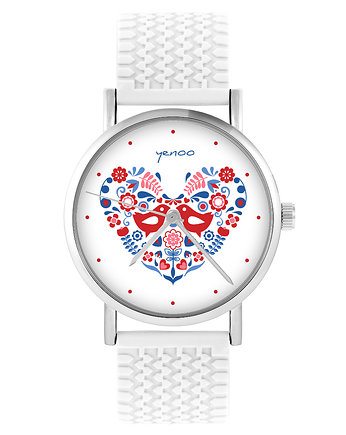 Zegarek - Ptaszki folkowe - silikonowy, biały, yenoo