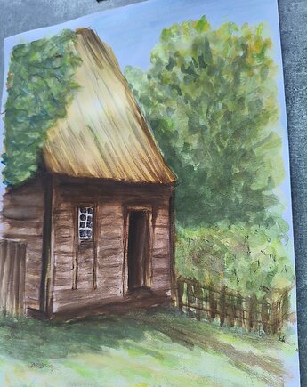 Akwarela Chata Wiejska Drewniana Skansen Polska Architektura Ludowa 30x42, kkjustpaint Karolina Kamińska