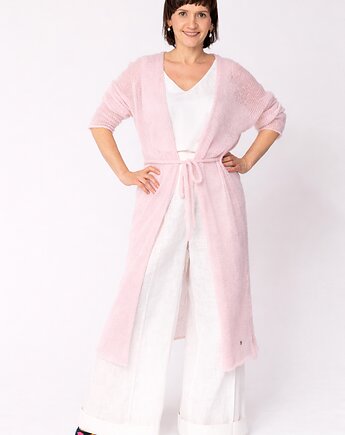 Długi kardigan wełniany z paskiem - Jasny różowy, YOU by Tokarska