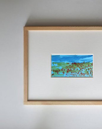 Akwarela Pejzaż maki oryginalny obraz niebieski papier 10,5x22 cm, Kwitnace