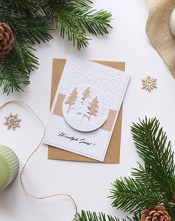 Kartka Świąteczna ze śniegiem i choinkami, itsmycard