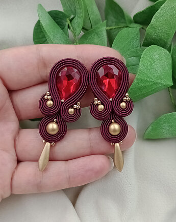 Kolczyki sutasz, kolczyki na wesele, bordowe złote sztyfty, Soutacheria