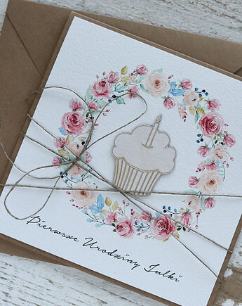 Personalizowany prezent - Ręcznie robiona kartka na roczek dla dziewczynki -, sorte