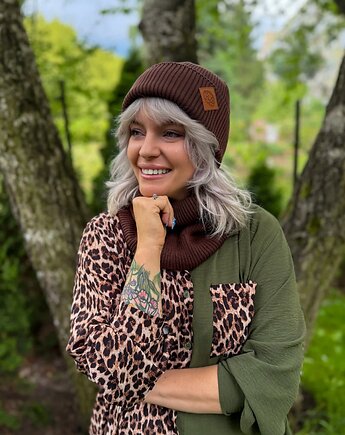 Bawełniana czapka beanie logo ekoskórka Brąz, Brain Inside