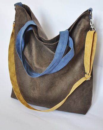 TORBA HOBO XXL - brąz, niebieski, żółty, PRACOWNIA 166