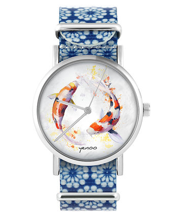 Zegarek - Karpie Koi - niebieski, kwiaty, yenoo