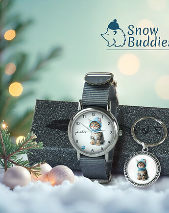 Zestaw prezentowy - Kotek - zegarek i brelok - nylonowy, szary, yenoo