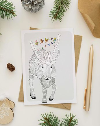Kartka na Boże Narodzenie "Renifer z lampkami", Anna Bednarczyk Ilustracje