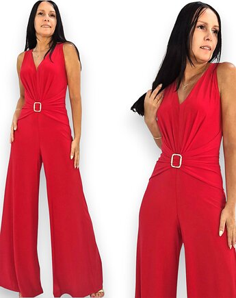 Elegancki Czerwony kombinezon z draperia szerokie nogawki, MM FASHION