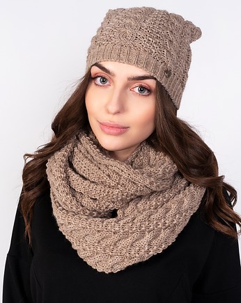 Ciepły i stylowy komplet czapka + szalik, mocca, Lanti