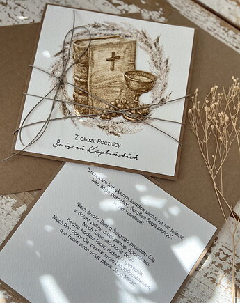 Kartka z okazji rocznicy święceń kapłańskich ręcznie robiona z życzeniami, sorte