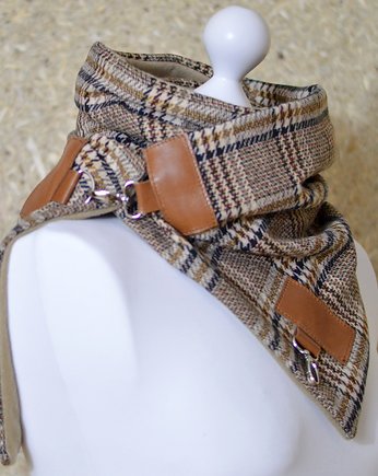 Szal wełniany ze skórą, Unisex- Krata beż, Green Sheep