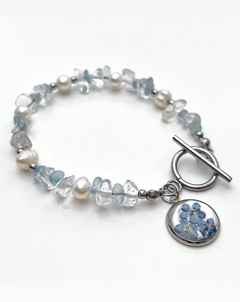 Błękitna bransoletka z kamieni naturalnych i niezapominajek, OSOBY - Prezent dla babci