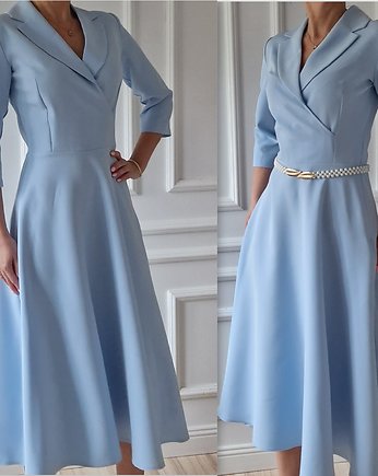 Błękitna sukienka z kołnierzem 48, MM FASHION