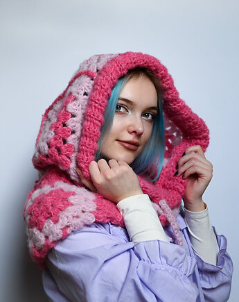 Balaclava alpaka  i jedwab handmade, ręcznie szydełkowana zimowa kominiarka, kwiaty biżuteria