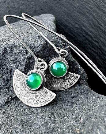 Orientalne kolczyki srebrne wachlarze z zielonym onyksem, SHAMBALA