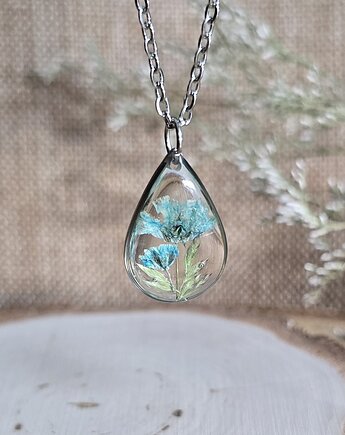 Wieczne kwiaty srebrny wisiorek prawdziwe kwiaty naszyjnik niebieska gipsówka, zkwiatem