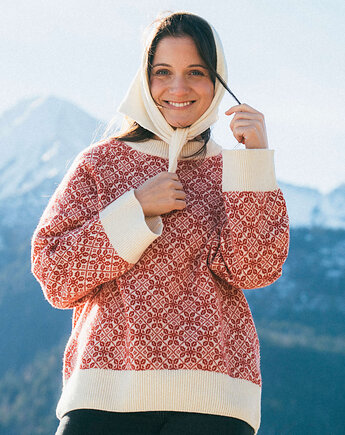 BARIBAL BESKIDZKI Sweter Wełniany Oversize Czerwony 100% Merino, KOPYTO