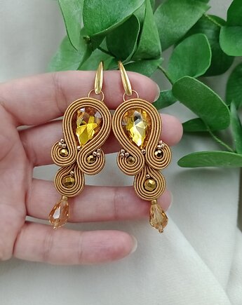 Miodowe musztardowe złote kolczyki sutasz, kolczyki na wesele, Soutacheria