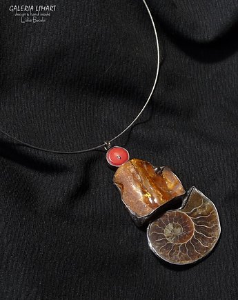 Bursztyn i skamielina amonit z Madagaskaru niezwykły wisior handmade prezent, Galeria Limart