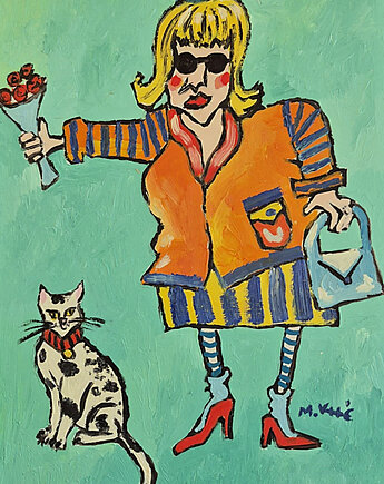 Obraz ręcznie malowany kolorowy obraz pani i kot, alice oil on canvas
