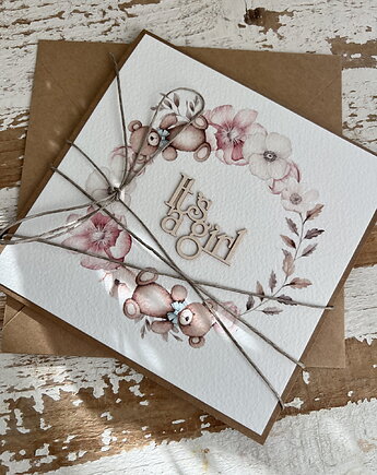 Ręcznie robiona kartka na narodziny dziecka - gratulacje - It's a girl, sorte