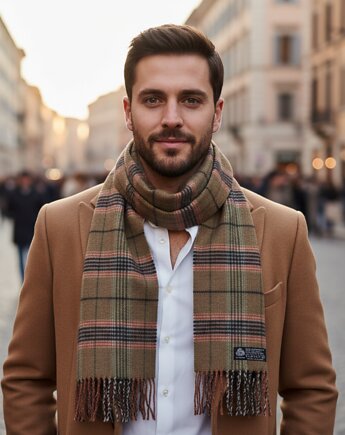 Szalik Męski Brązowy Zielony  Kratka Wełna