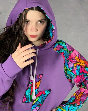 Ciepła bluza Buddhi z witrażowy wzór irysów i  motywem pioruna, rozmiar M, Auri Lili