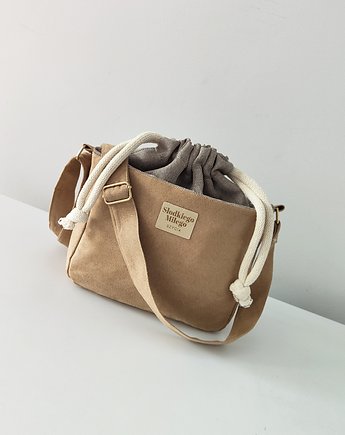 Torebka SOFIA Beige-mała, beżowa torebka z kominem z nubuku, Słodkiego Miłego Szycia