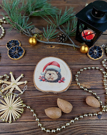 Brzozowa podkładka pod kubek, świąteczna zawieszka - jeżyk, Manufa