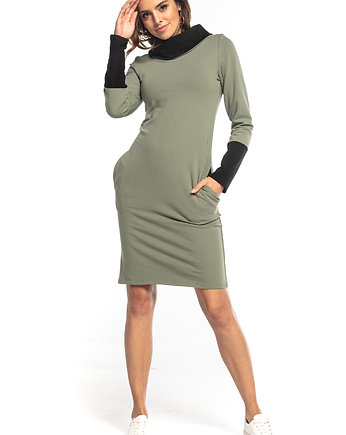 Sukienka mini z kominem i kieszeniami,  T360, khaki + czarny, TESSITA